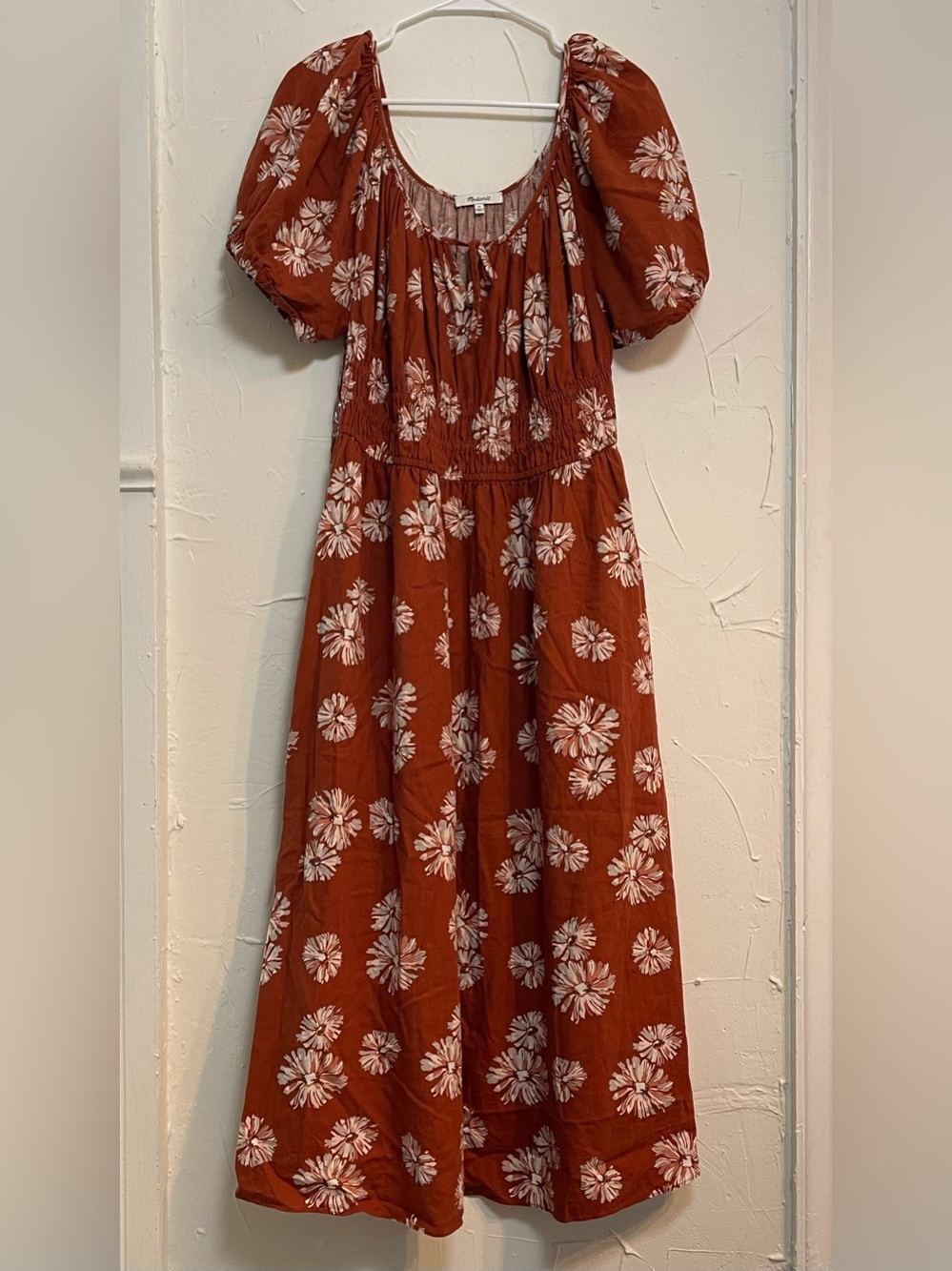 Madewell Sophia Linen-Blend Floral Puff-Sleeve Midi Milkmaid Dress in Rust sz 1X